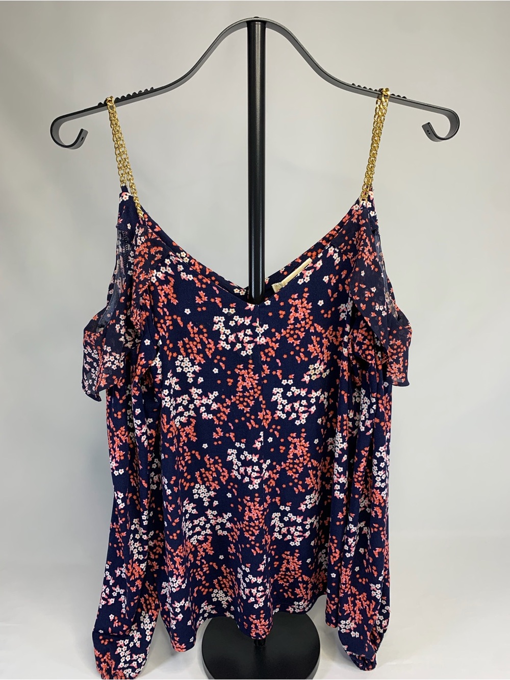 Michael Kors Navy Cold-Shoulder Camisole with Coral and White Floral Print